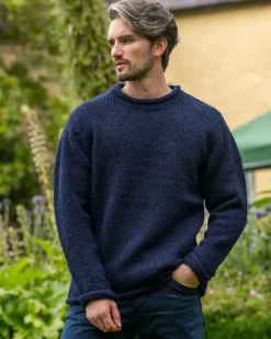 Sale Sweater Shop 100% Donegal Roll Neck Sweater Dark Blue
