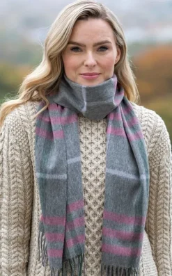 Online Sweater Shop 100% Lambswool Scarf Grey Pink Check