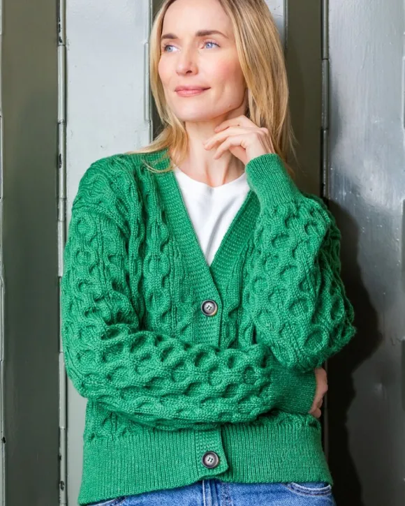 New Sweater Shop 100% Merino Wool Cropped Aran Cardigan - Kiwi
