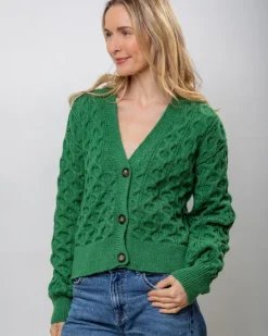 New Sweater Shop 100% Merino Wool Cropped Aran Cardigan - Kiwi