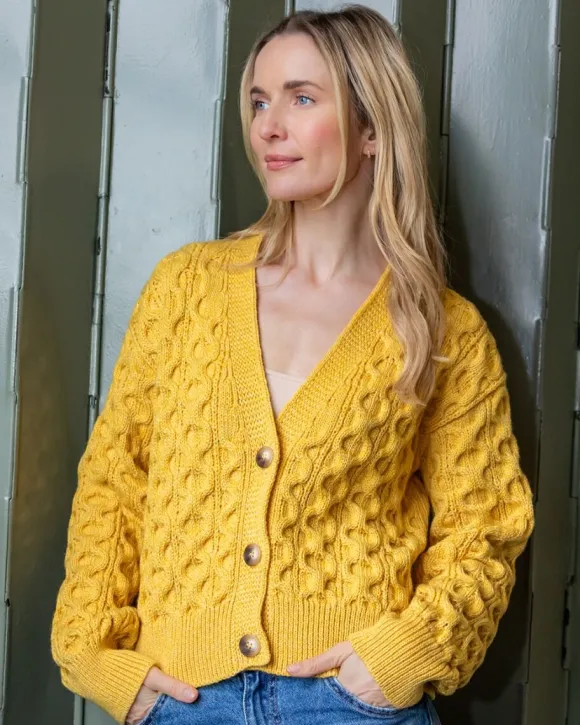New Sweater Shop 100% Merino Wool Cropped Aran Cardigan - Yellow