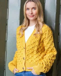 New Sweater Shop 100% Merino Wool Cropped Aran Cardigan - Yellow