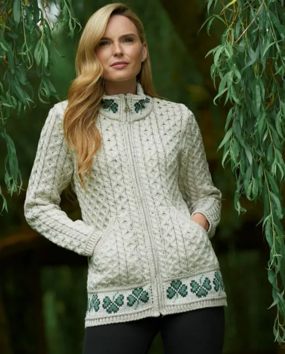 Outlet Sweater Shop 100% Merino Wool Shamrock Zip Cardigan