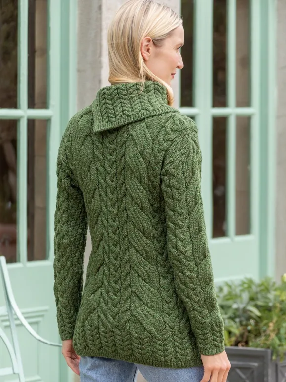 Fashion Sweater Shop 100% Super Soft Merino Wool Cowl Neck with Buttons Green