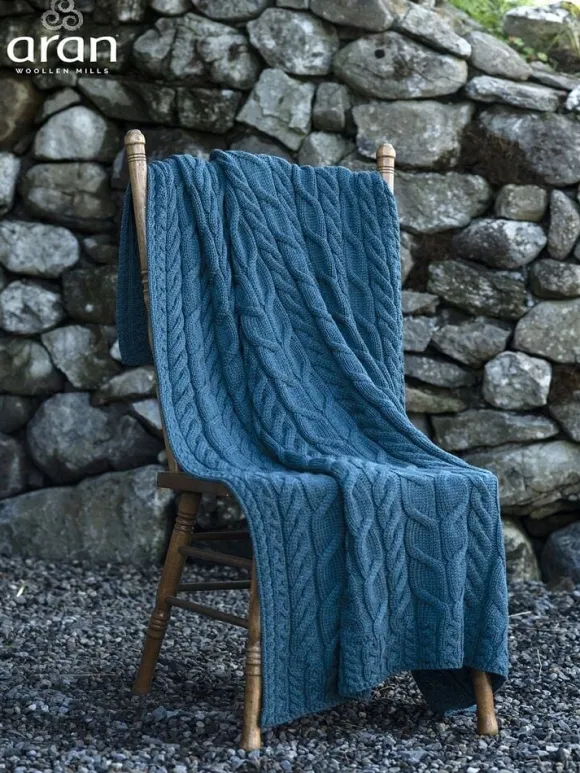 Sale Sweater Shop Aran Cable Knit Blanket Super Soft Merino Ocean Blue