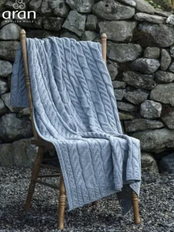 Discount Sweater Shop Aran Cable Knit Blanket Super Soft Merino Grey/Blue