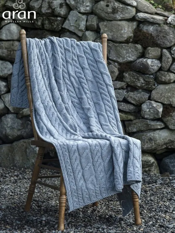 Discount Sweater Shop Aran Cable Knit Blanket Super Soft Merino Grey/Blue