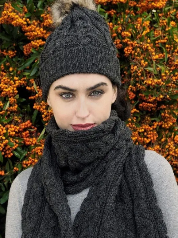 Discount Sweater Shop Aran Cable Knit Hat Pom Pom Charcoal