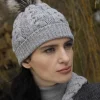 Hot Sweater Shop Aran Cable Knit Hat Pom Pom Silver