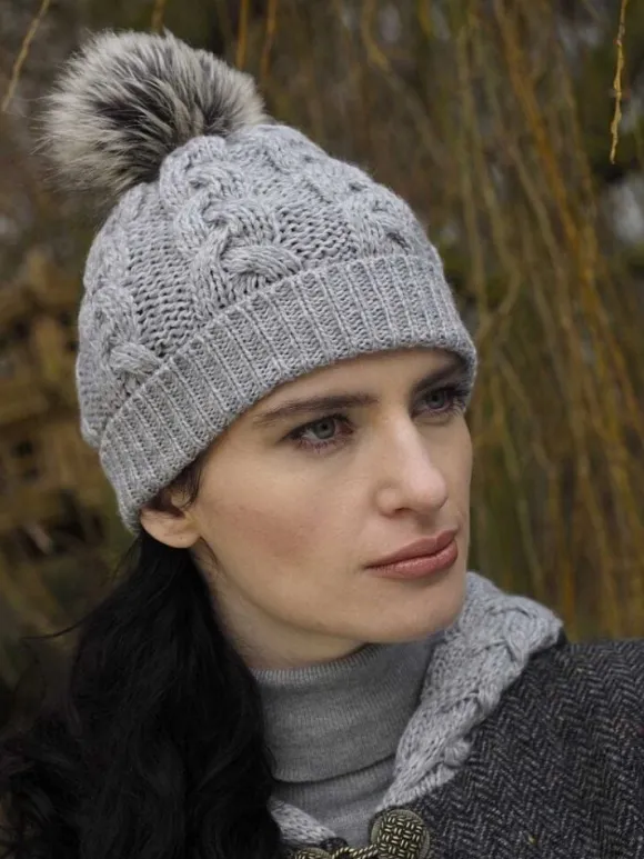 Hot Sweater Shop Aran Cable Knit Hat Pom Pom Silver