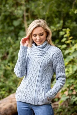 Clearance Sweater Shop Aran Cable Knit Side Zip Sky