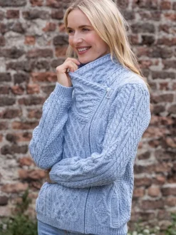 Clearance Sweater Shop Aran Cable Knit Side Zip Sky