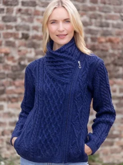 Online Sweater Shop Aran Cable Knit Side Zip Deep Water Blue