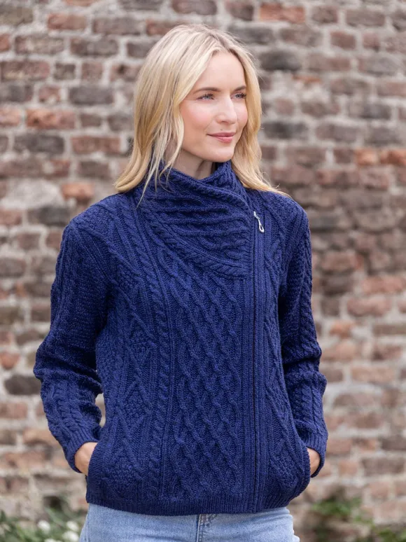 Online Sweater Shop Aran Cable Knit Side Zip Deep Water Blue