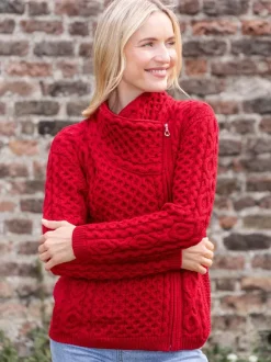 New Sweater Shop Aran Cable Knit Side Zip - Raspberry