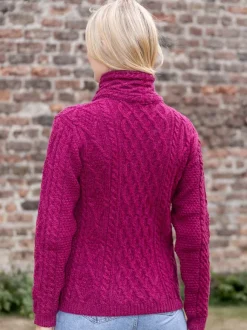 New Sweater Shop Aran Cable Knit Side Zip - Raspberry