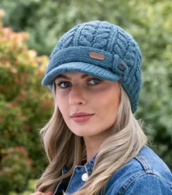 Online Sweater Shop Aran Cable Peak Hat Denim