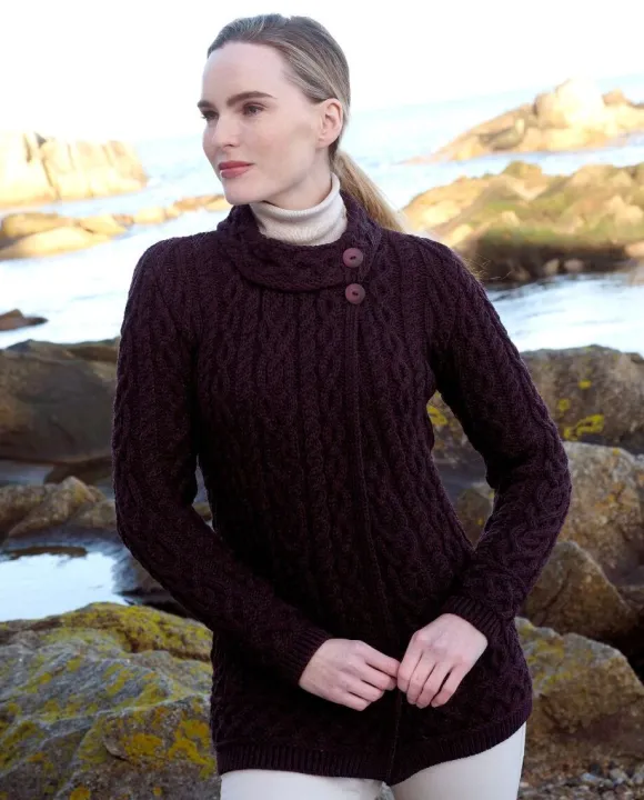 Clearance Sweater Shop Aran Cardigan with Side Buttons Damson