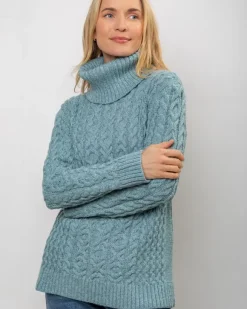 Hot Sweater Shop Aran Cowl Neck Merino Wool Aqua