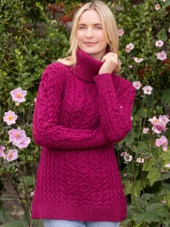 Fashion Sweater Shop Aran Cowl Neck Merino Wool Raspberry