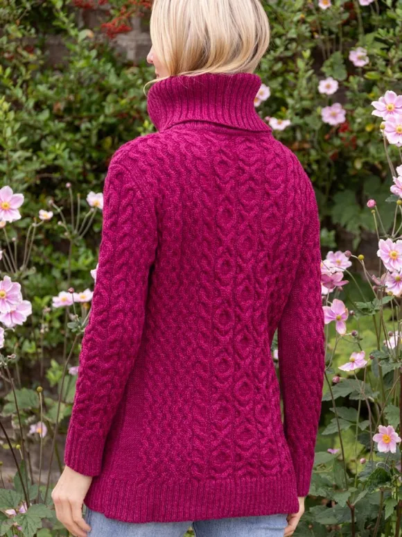 Fashion Sweater Shop Aran Cowl Neck Merino Wool Raspberry