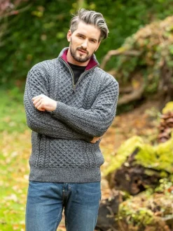 Sale Sweater Shop Aran Half Zip Sweater - 2507 Slate with wine collar