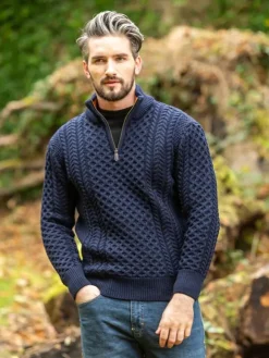 Clearance Sweater Shop ARAN HALF ZIP SWEATER 2507- Navy with Terracotta collar
