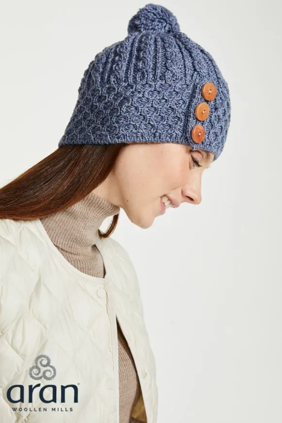 Discount Sweater Shop Aran Hat with Pom Pom - Denim