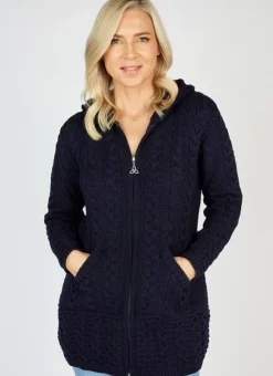 Clearance Sweater Shop Aran Hooded Coat with Celtic Zipper Navy