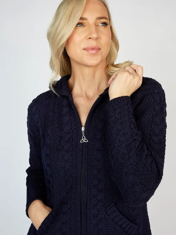 Clearance Sweater Shop Aran Hooded Coat with Celtic Zipper Navy
