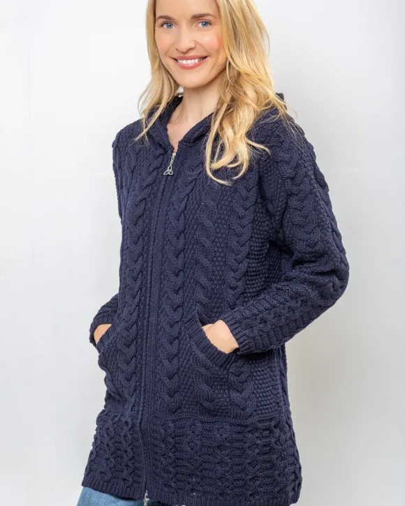Clearance Sweater Shop Aran Hooded Coat with Celtic Zipper Navy