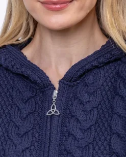 Clearance Sweater Shop Aran Hooded Coat with Celtic Zipper Navy