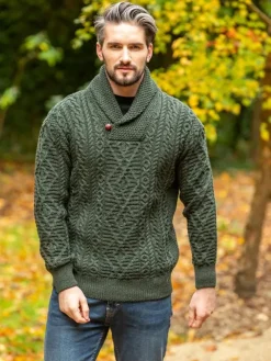 Discount Sweater Shop Aran Shawl Neck Sweater Army Green