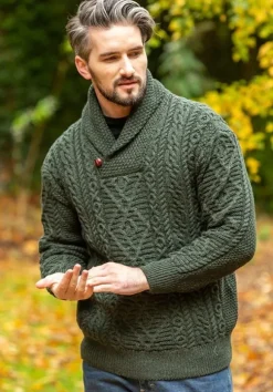 Discount Sweater Shop Aran Shawl Neck Sweater Army Green