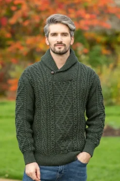 Discount Sweater Shop Aran Shawl Neck Sweater Army Green