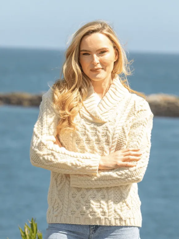 Outlet Sweater Shop Bramble Aran Shawl Collar Sweater Natural