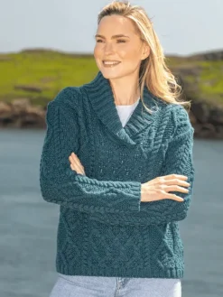 Online Sweater Shop Bramble Aran Shawl Collar Sweater Atlantic