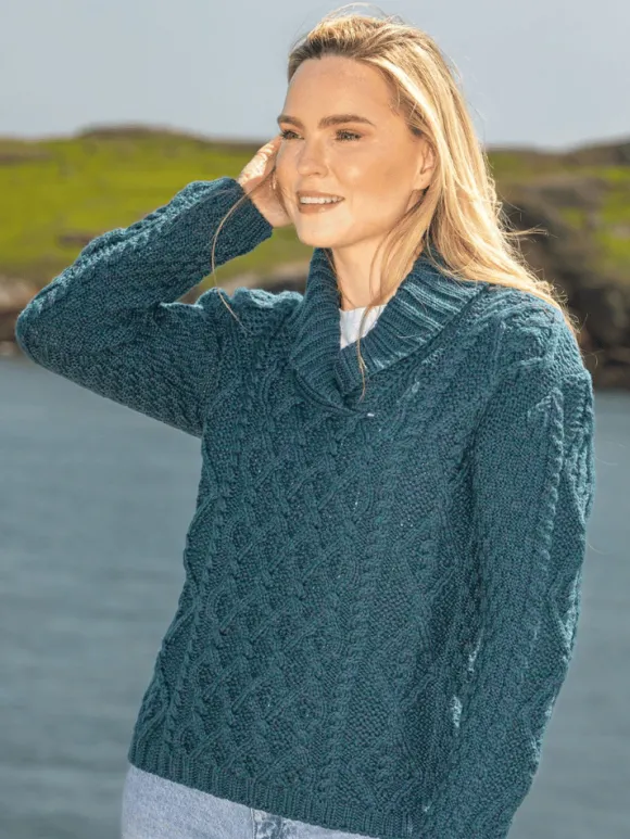 Online Sweater Shop Bramble Aran Shawl Collar Sweater Atlantic