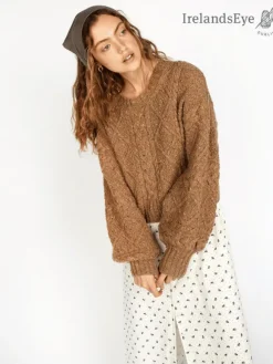 Best Sweater Shop Cable Knit Cropped Crew Neck Sweater Biscuit