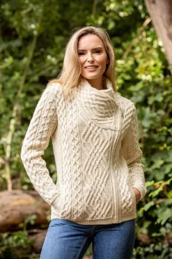 Clearance Sweater Shop Cable Knit Side Zip Cardigan Natural