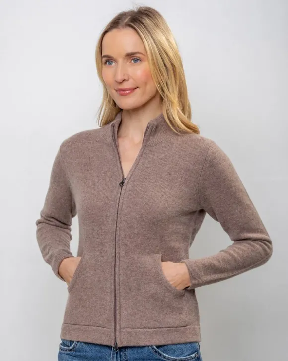 New Sweater Shop Cashmere and Merino Full Zip Cardigan Light Brown