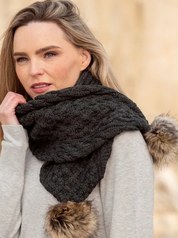 Fashion Sweater Shop Charcoal Pom Pom Aran Scarf