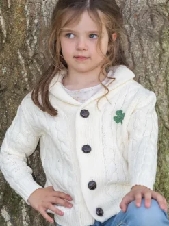 Hot Sweater Shop Cream Cable Knit Kids Cardigan with Shamrock