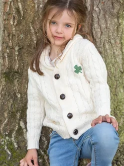Hot Sweater Shop Cream Cable Knit Kids Cardigan with Shamrock