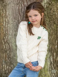 Sale Sweater Shop Cream Cable Knit Kids Sweater with Shamrock