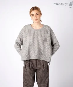 Online Sweater Shop Cropped Aran Sweater Pearl Grey