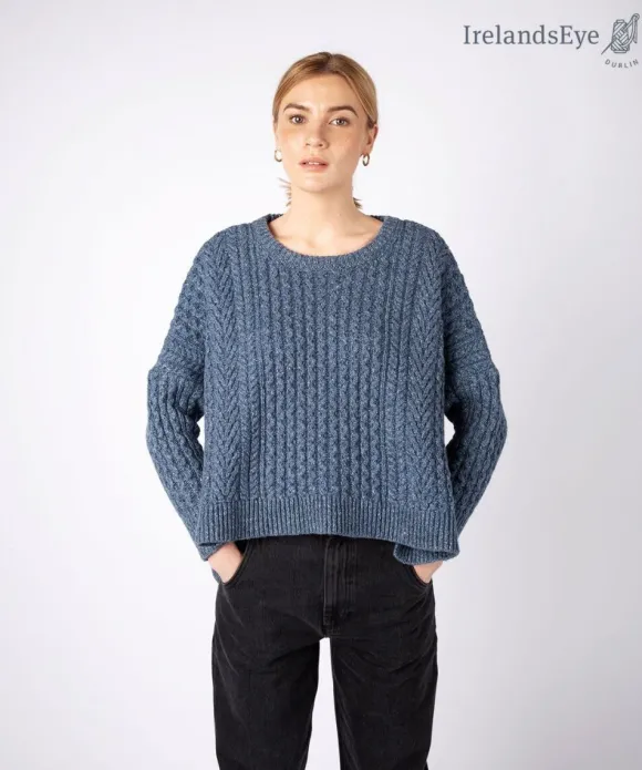Outlet Sweater Shop Cropped Aran Sweater Sea Spray Blue