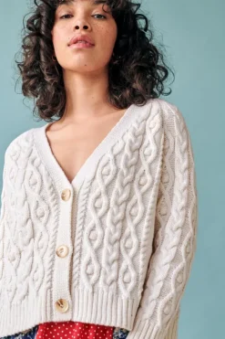 Fashion Sweater Shop Cropped Cable Knit V Neck Cardigan Ivory