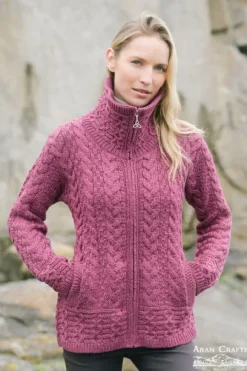 Discount Sweater Shop Double Collar Zip Cardigan Berry