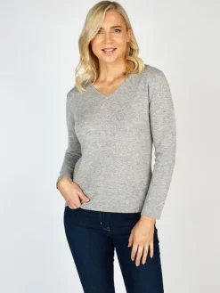 Outlet Sweater Shop Extra Fine Merino Wool & Cashmere V Neck Sweater Silver Grey
